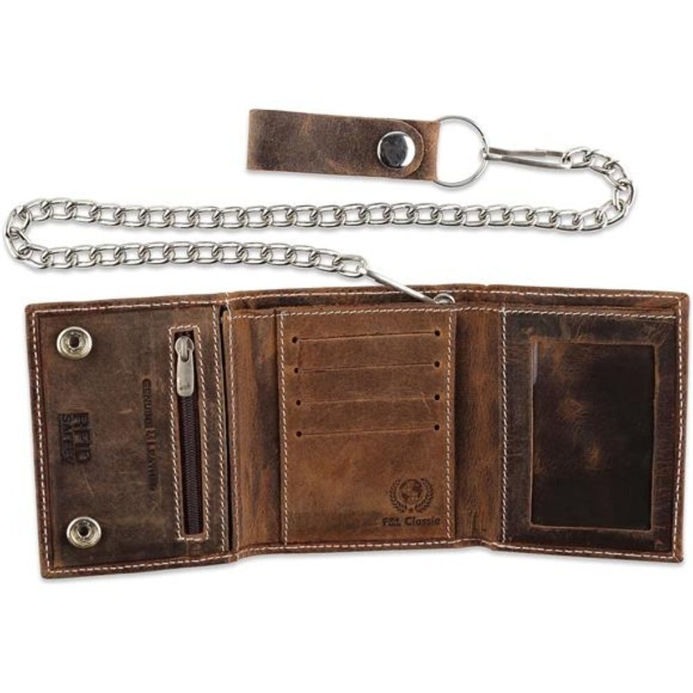 Vintage Cowhide Leather RFID Blocking Tri-Fold Men's Wallet with Chain